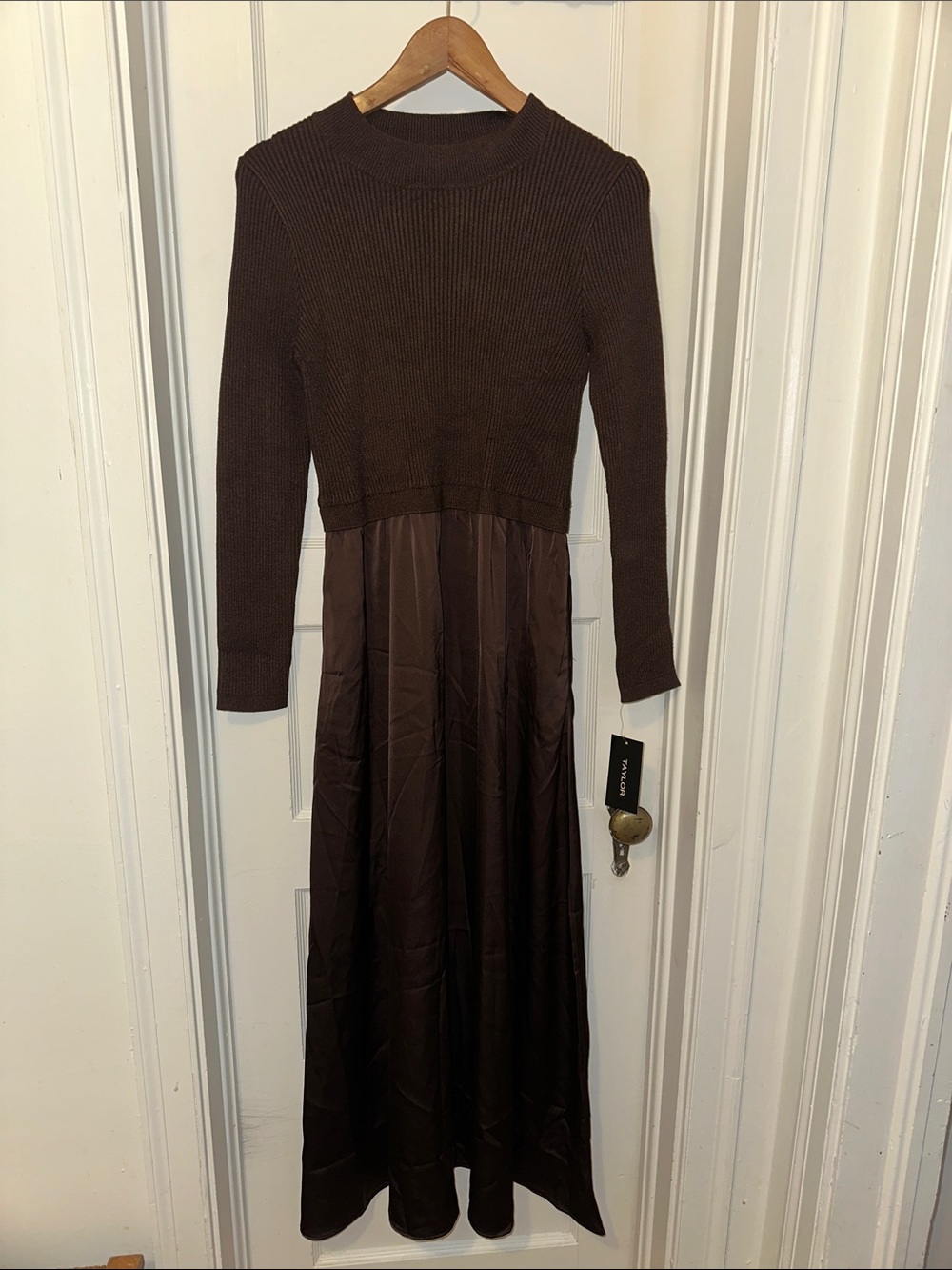 Taylor Brown Knit Bodice Satin Maxi Dress